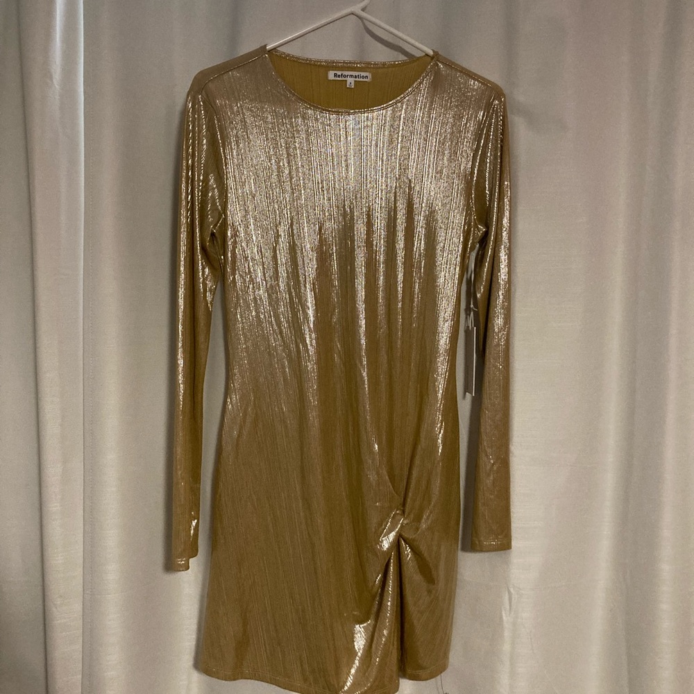Reformation Roxbury Metallic Gold Long-Sleeve Twist Mini Dress